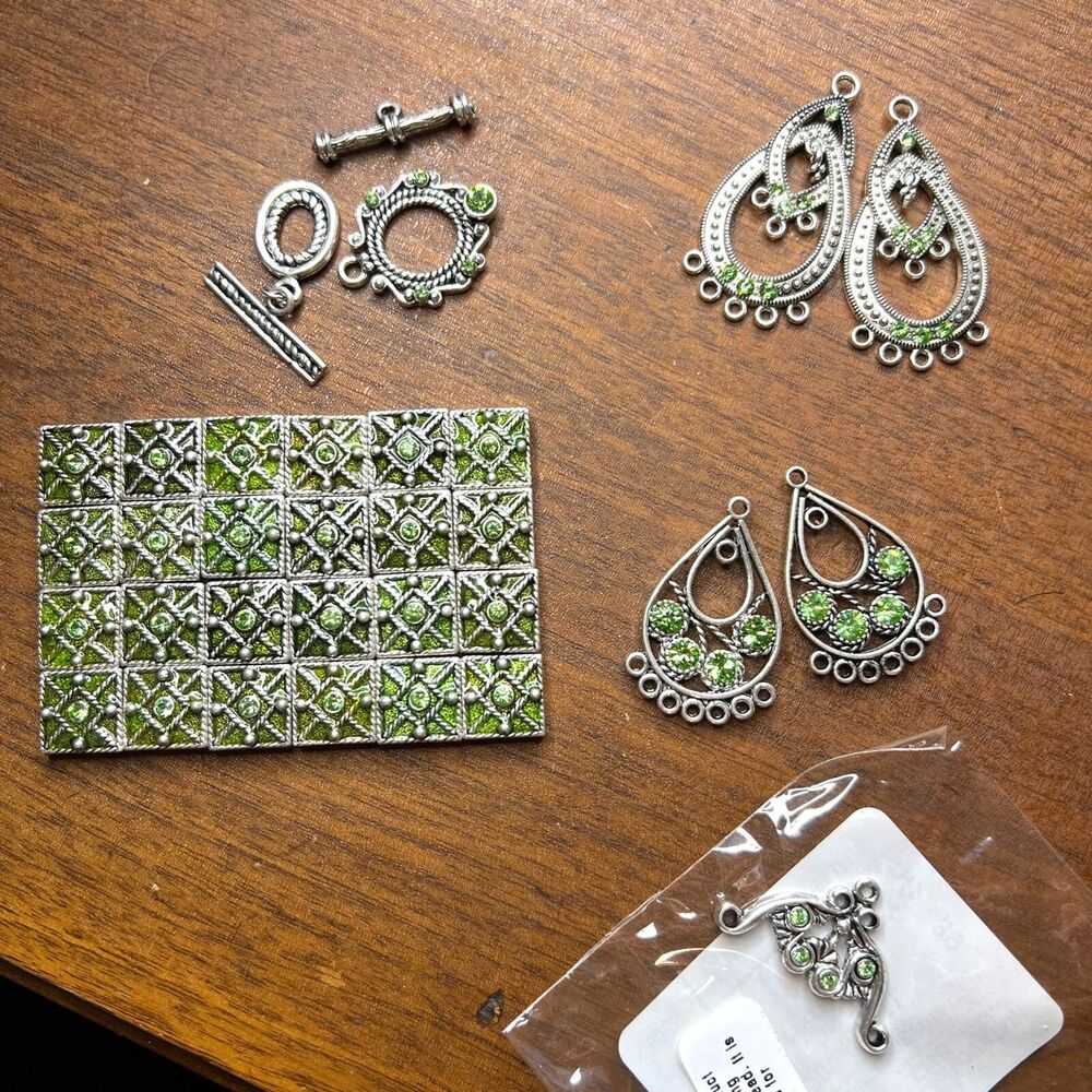 Green Enamel Pewter Jewelry Making Lot Spacers Earrings Bracelet Components